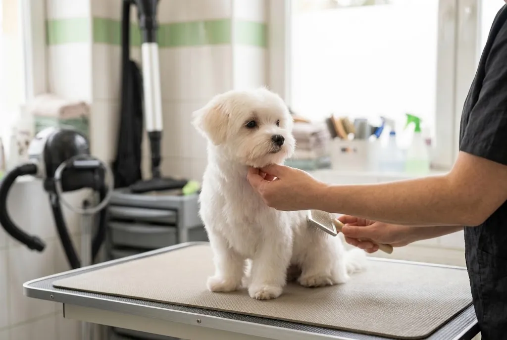 Puppy op de trimtafel tijdens de puppygewenning