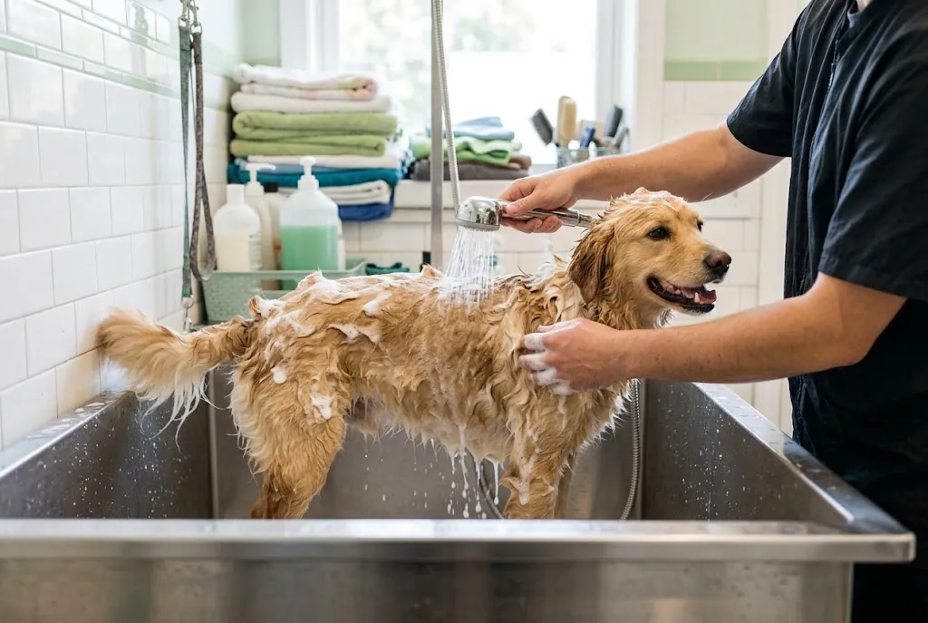 Hond in het wasbad van de self-dogwash